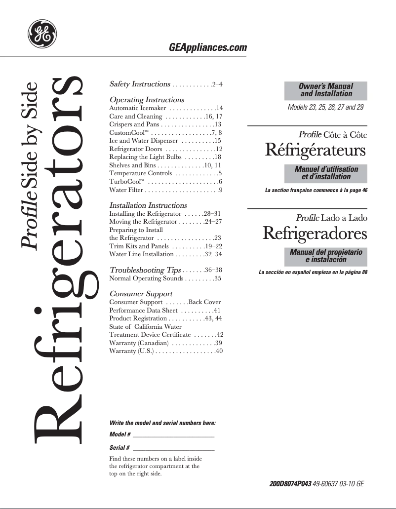 Page n°1 - Manuel utilisateur GE PSSF3RGZBB