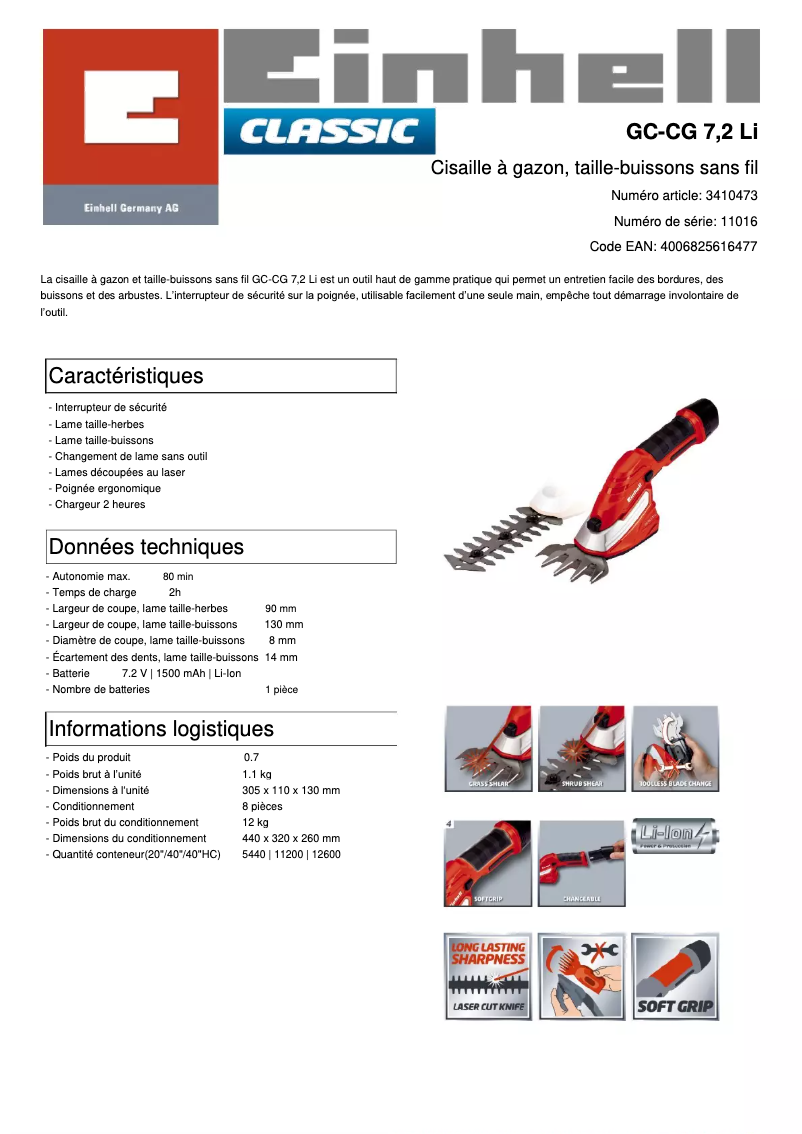 Page 1 de la notice Fiche technique Einhell GC-CG 7,2 Li