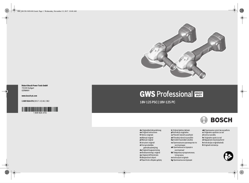 Page 1 de la notice Manuel utilisateur Bosch GWS 18V-125 PC
