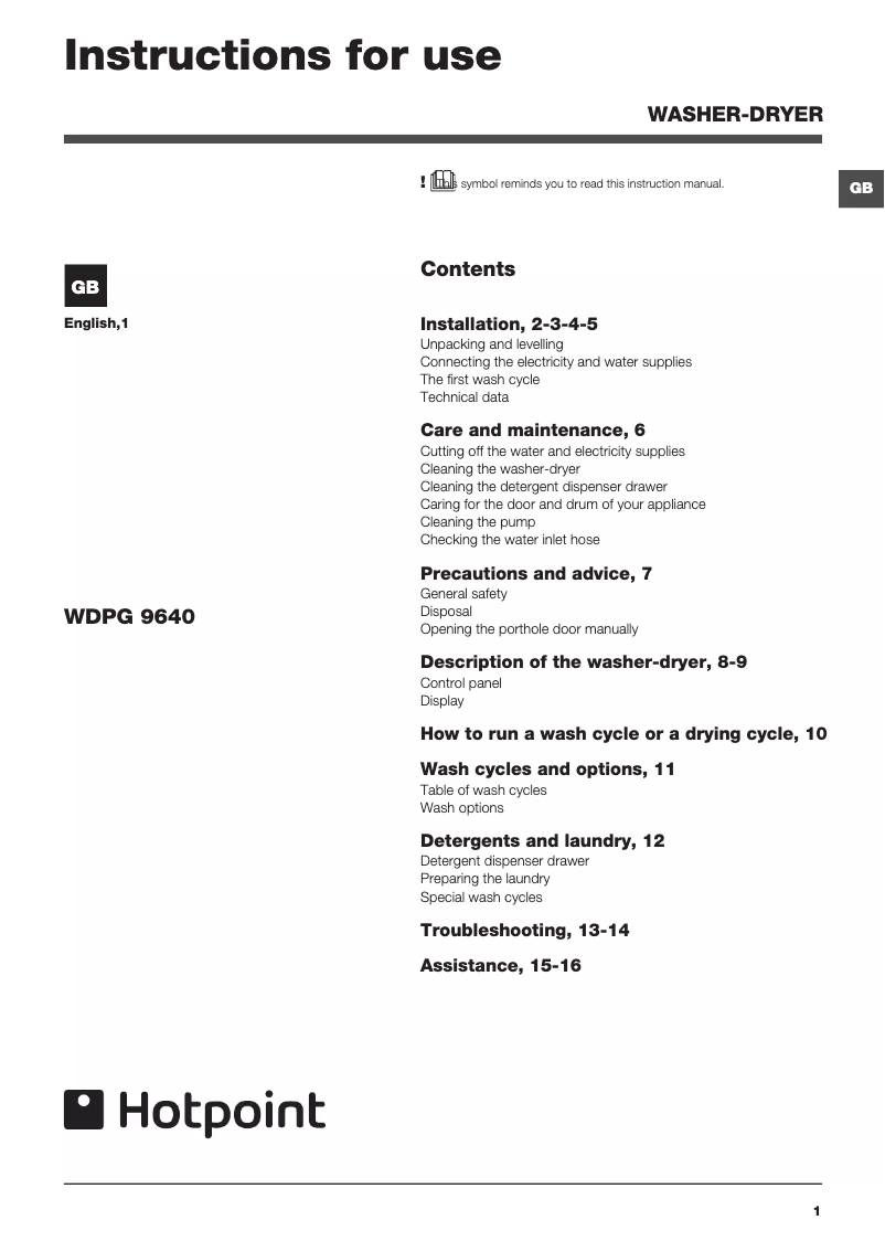 Page 1 de la notice Manuel utilisateur Ariston Thermo WDPG 9640