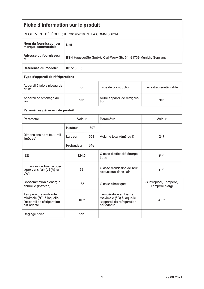 Page 1 of the manual Energy Label Neff KI1513FF0