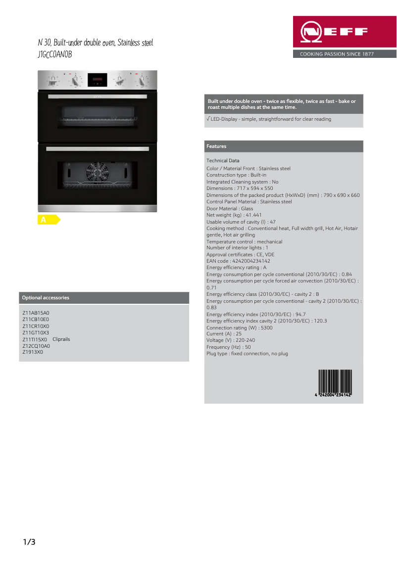 Page 1 of the manual Technical Sheet Neff J1GCC0AN0B