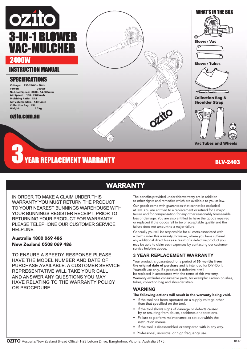 Page 1 de la notice Manuel utilisateur Ozito BLV-2403