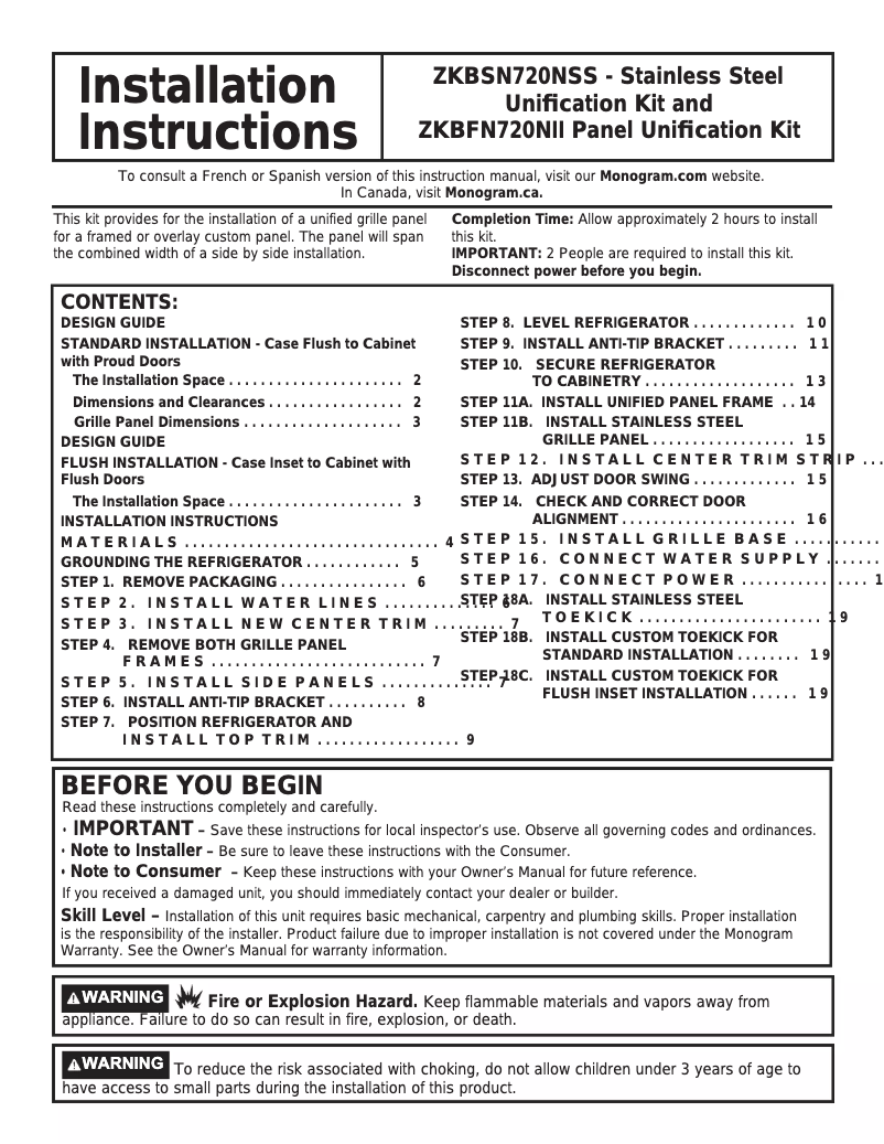 Page 1 de la notice Manuel utilisateur Monogram ZKBSN720NSS