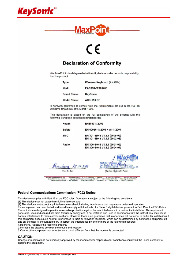 Image de la première page du manuel de l'appareil ACK-616 RF