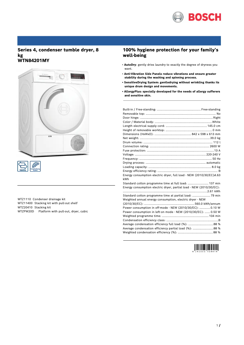 Page 1 de la notice Fiche technique Bosch WTN84201MY