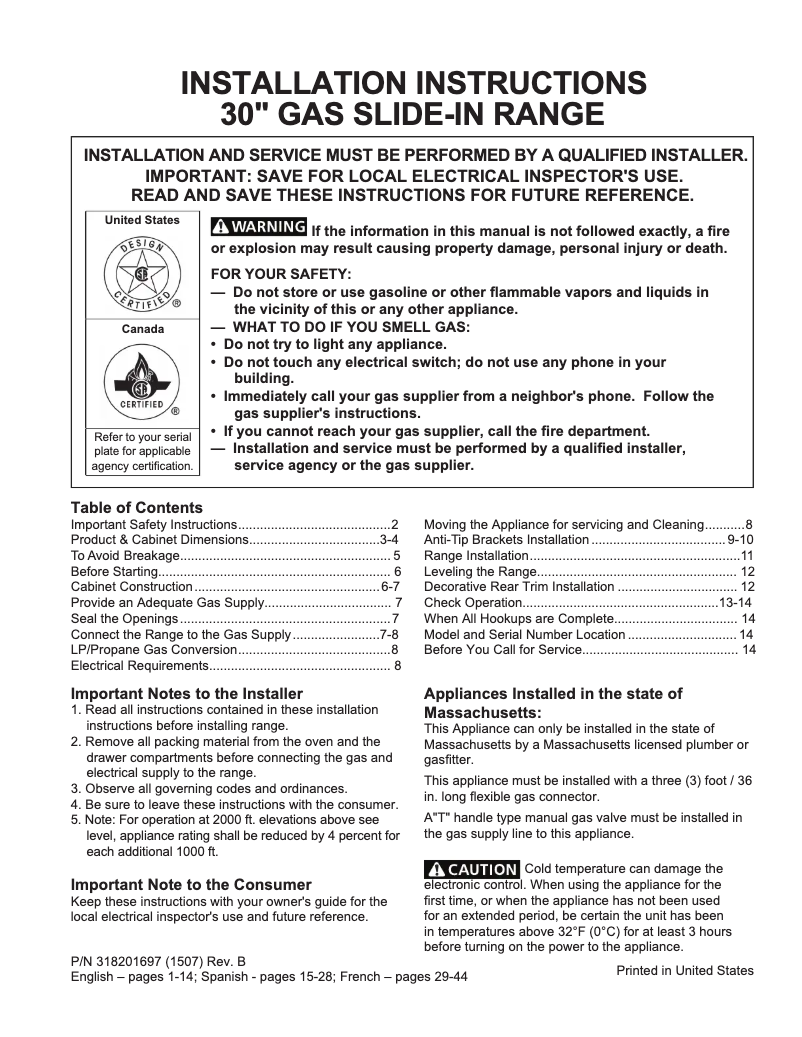 Page 1 de la notice Guide d'installation Frigidaire FGGS3065PW