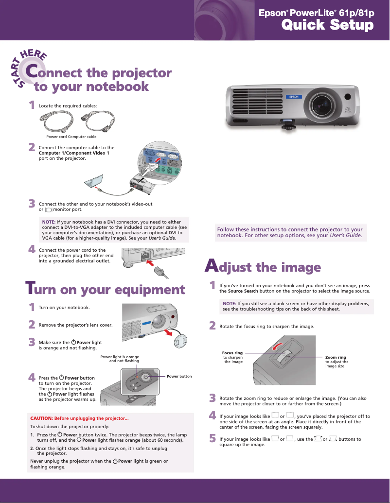 Página 1 del manual Guía de inicio rápido Epson PowerLite 61p