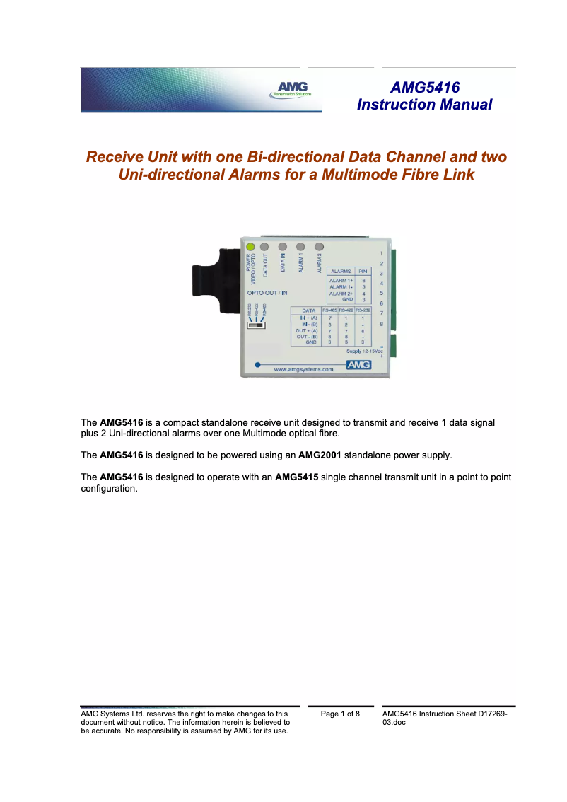 Page 1 de la notice Manuel utilisateur AMG 5416