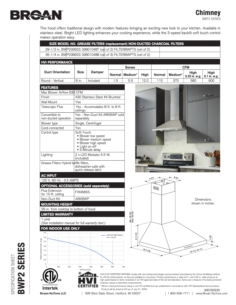 Page n°1 - Fiche technique Broan BWP2306SS