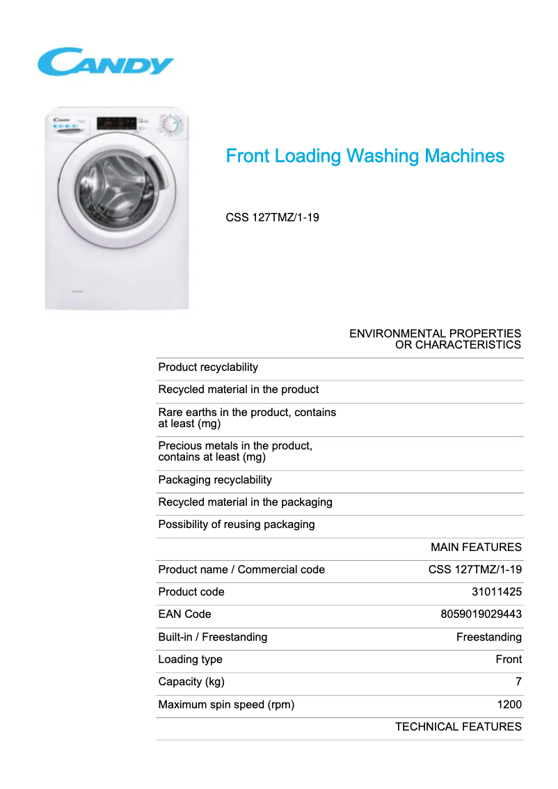 Page 1 de la notice Fiche technique Candy CSS 127TMZ/1-19