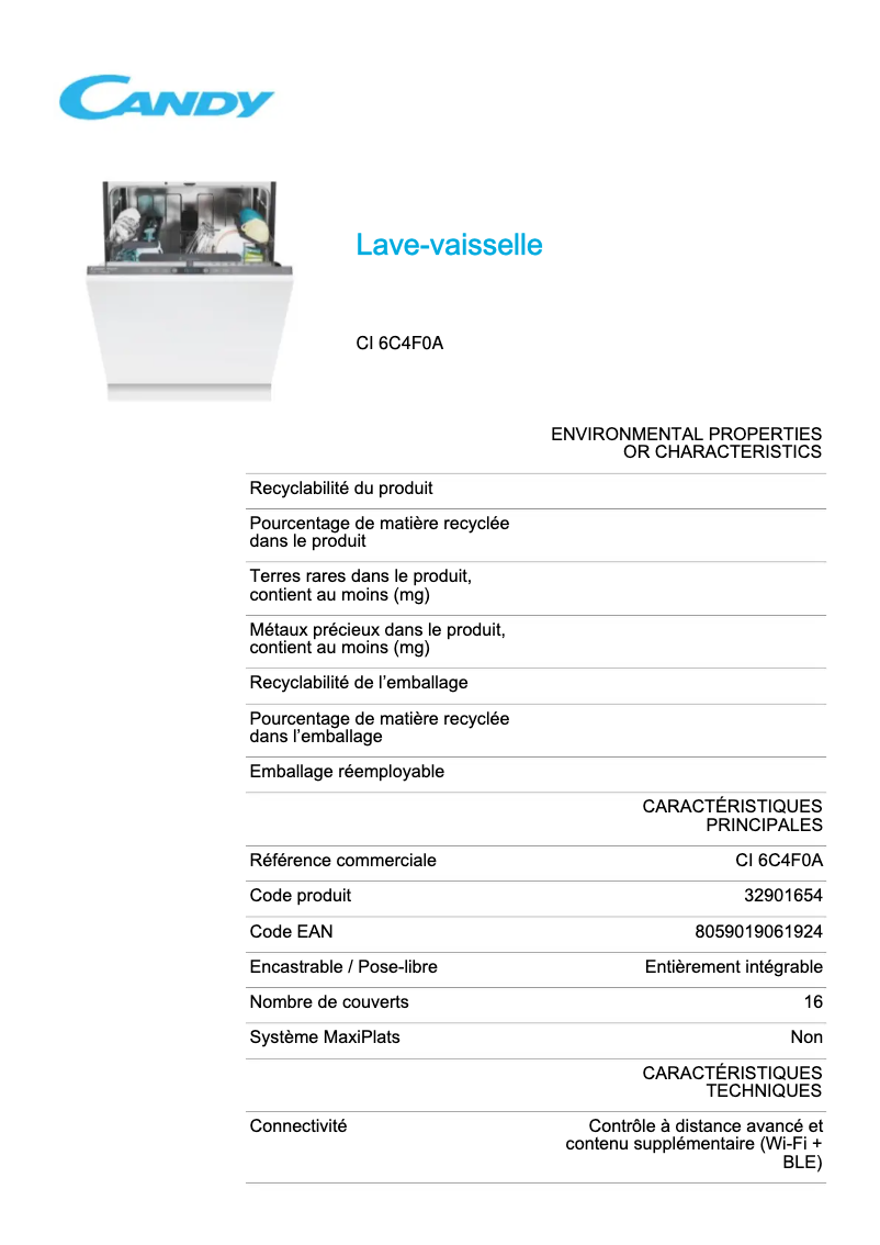 Page 1 de la notice Fiche technique Candy CI 6C4F0A