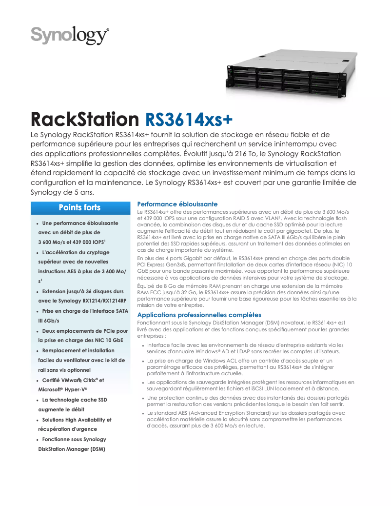 Page 1 de la notice Fiche technique Synology RackStation RS3614xs+