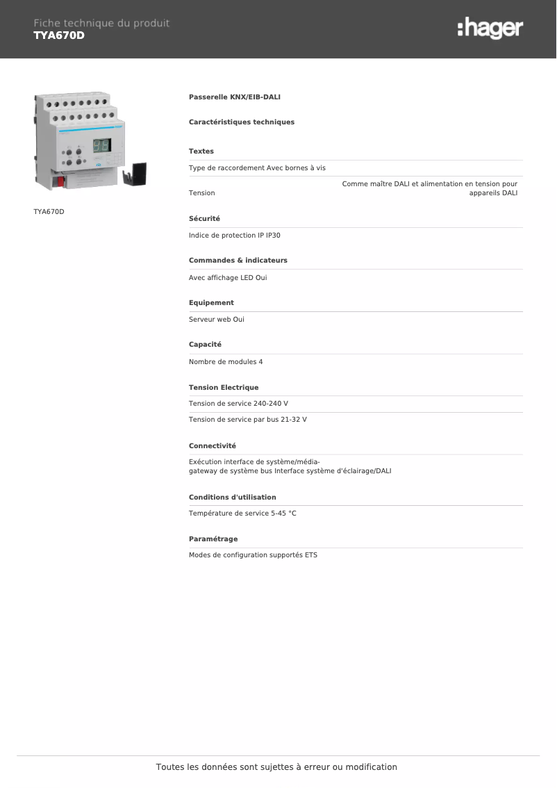 Page 1 de la notice Fiche technique Hager TYA670D