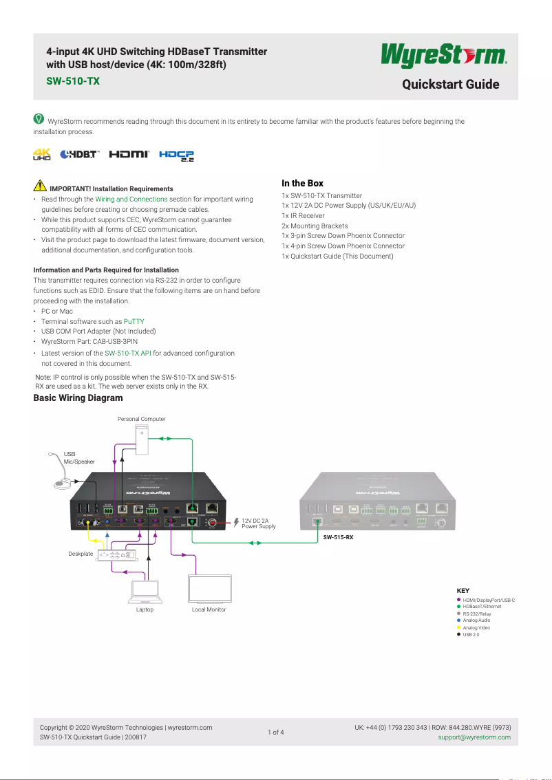 Página 1 del manual Guía de inicio rápido WyreStorm SW-510-TX