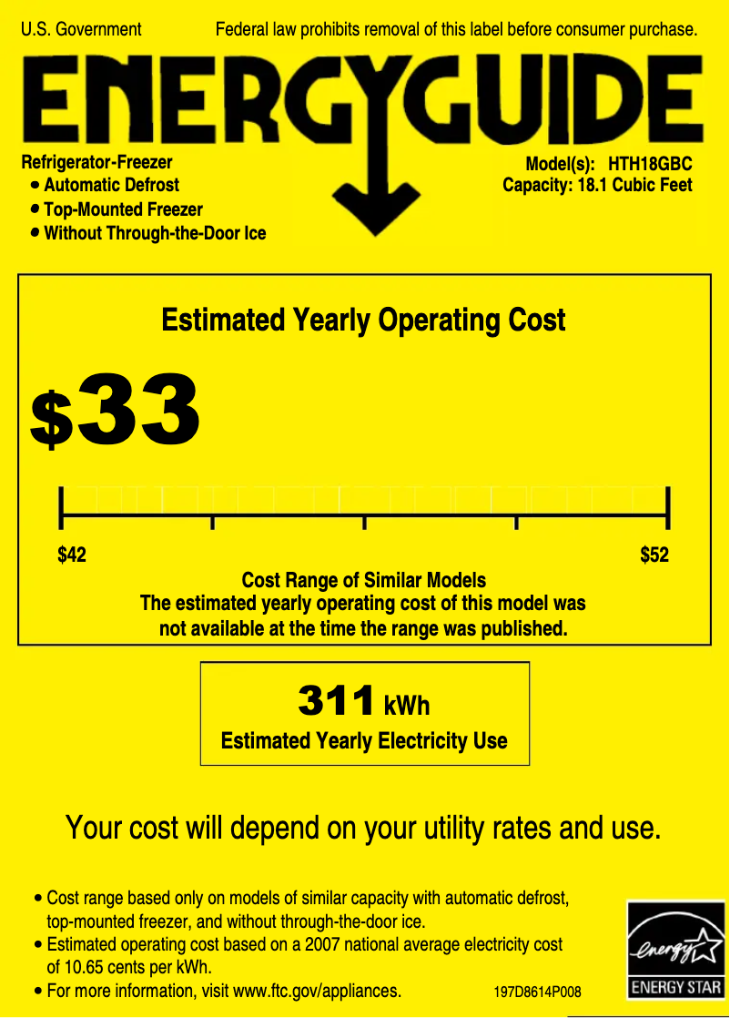 Página 1 del manual Etiqueta energética GE HTH18GBCCC