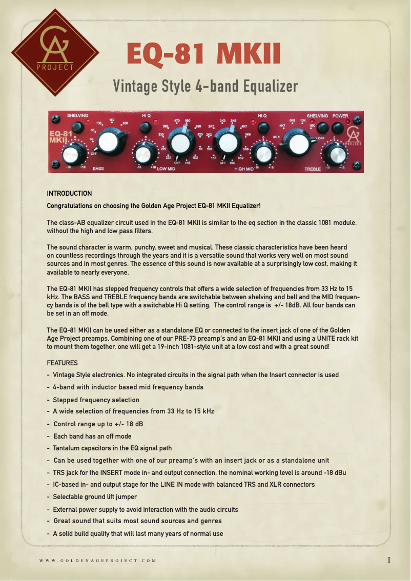 Page 1 de la notice Manuel utilisateur Golden Age Project EQ-81 MKIII