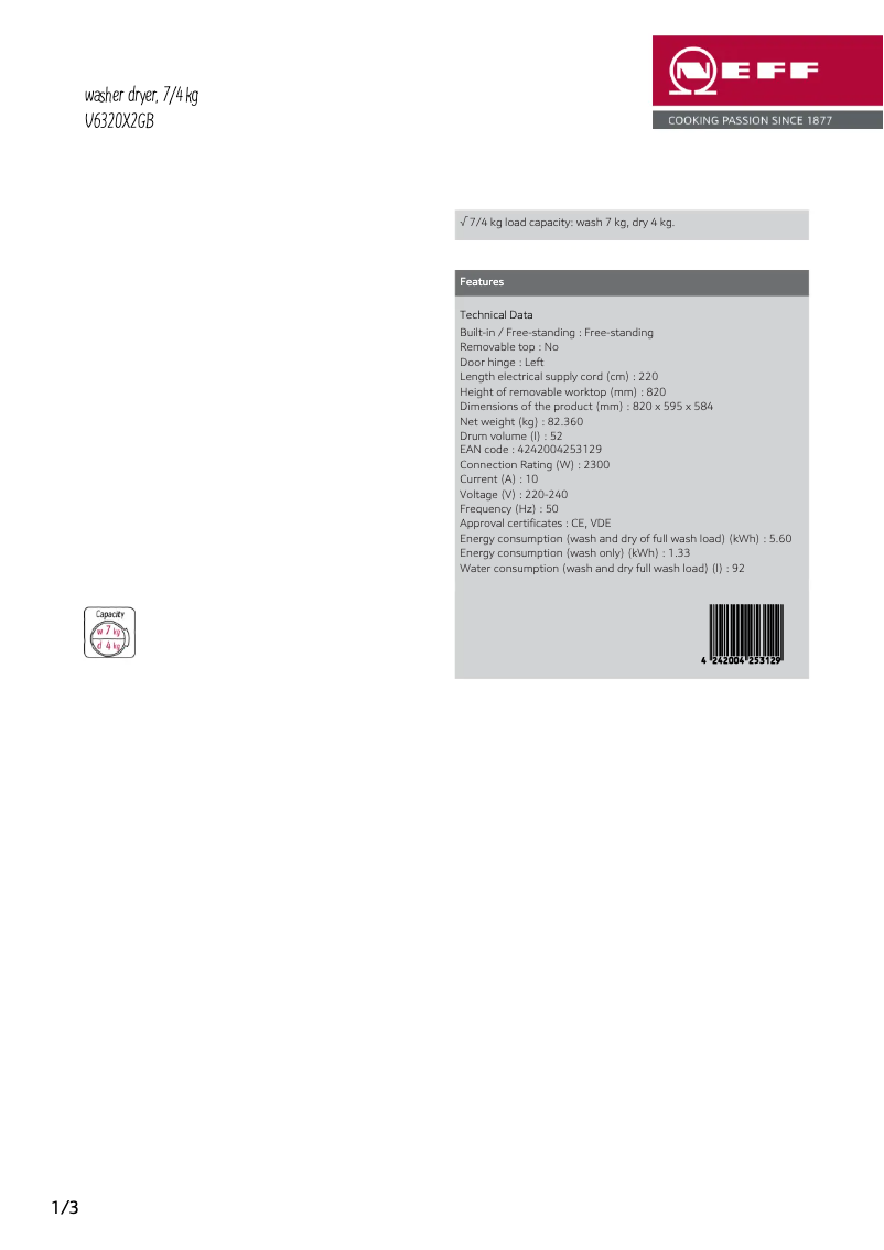 Page 1 of the manual Technical Sheet Neff V6320X2GB