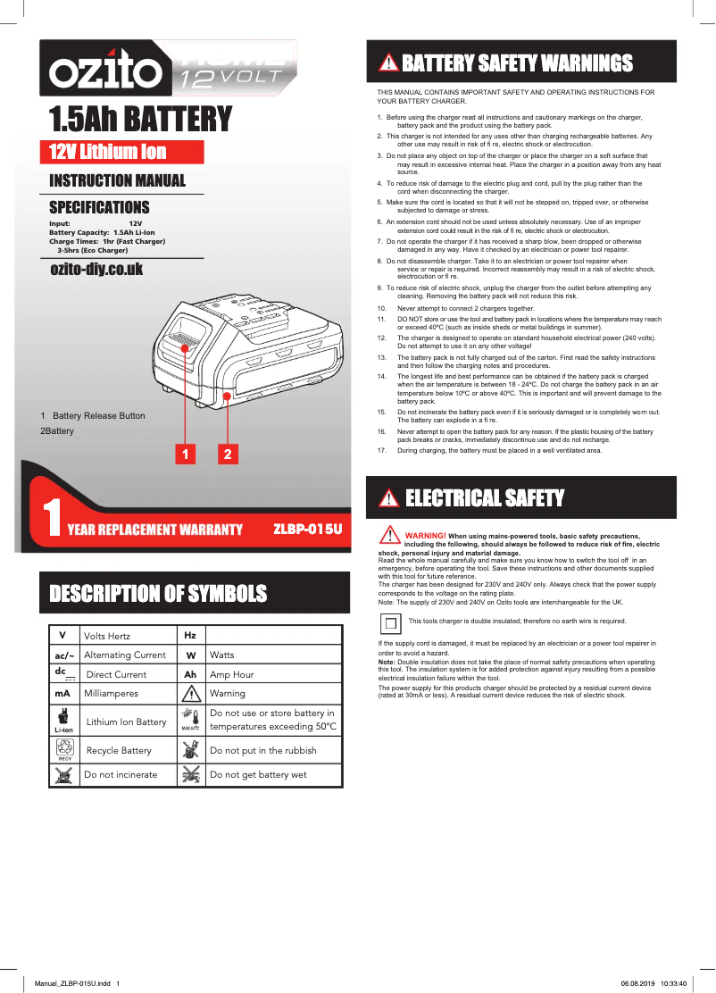 Page 1 de la notice Manuel utilisateur Ozito ZLHDK-150U