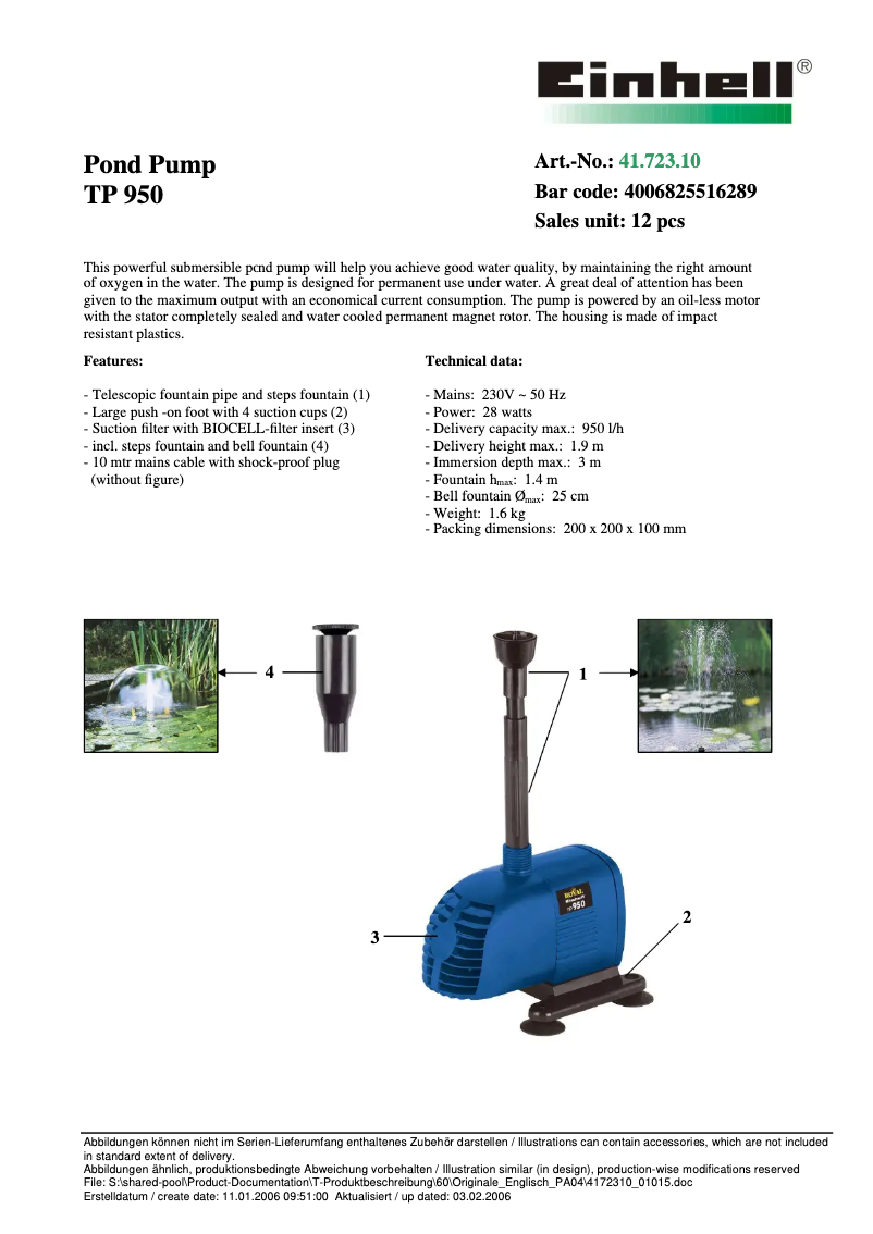 Page n°1 - Fiche technique Einhell Royal TP 950