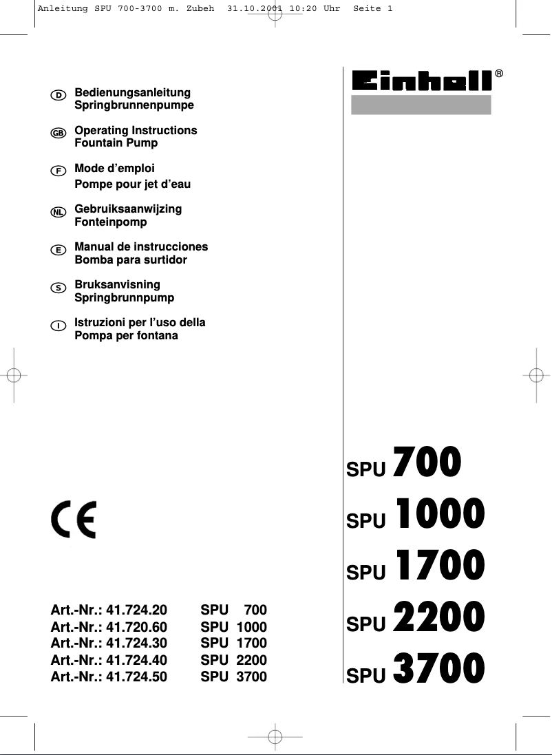 Page n°1 - Manuel utilisateur Einhell SPU 2200