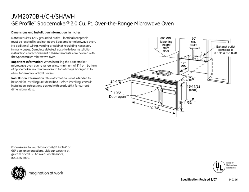 Page 1 de la notice Fiche technique GE JVM2070SH
