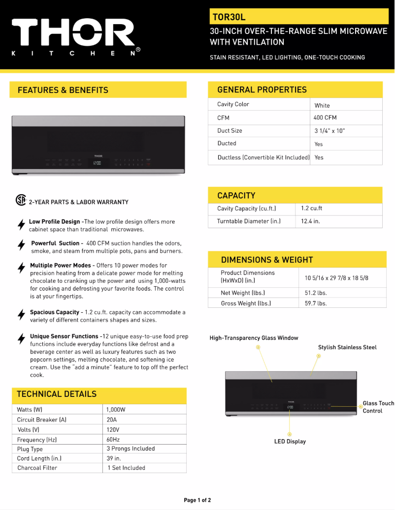 Page 1 de la notice Fiche technique Thor TOR30L