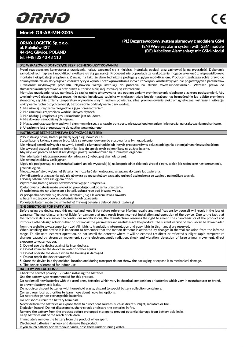 Page 1 de la notice Manuel utilisateur ORNO OR-AB-MH-3005