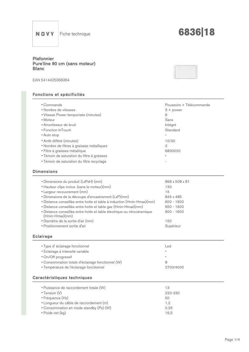 Page 1 de la notice Fiche technique Novy Pureline 6836
