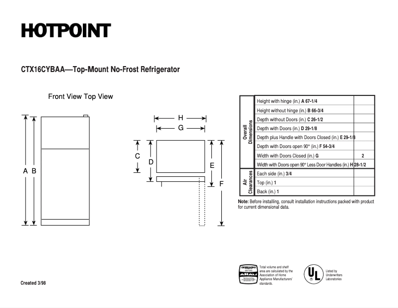 Page 1 de la notice Fiche technique Hotpoint CTX16CYBLAA