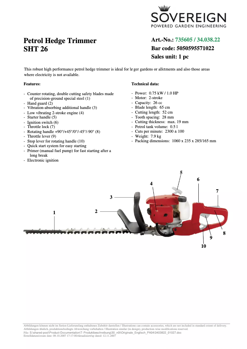 Página 1 del manual Ficha técnica Sovereign SHT 26