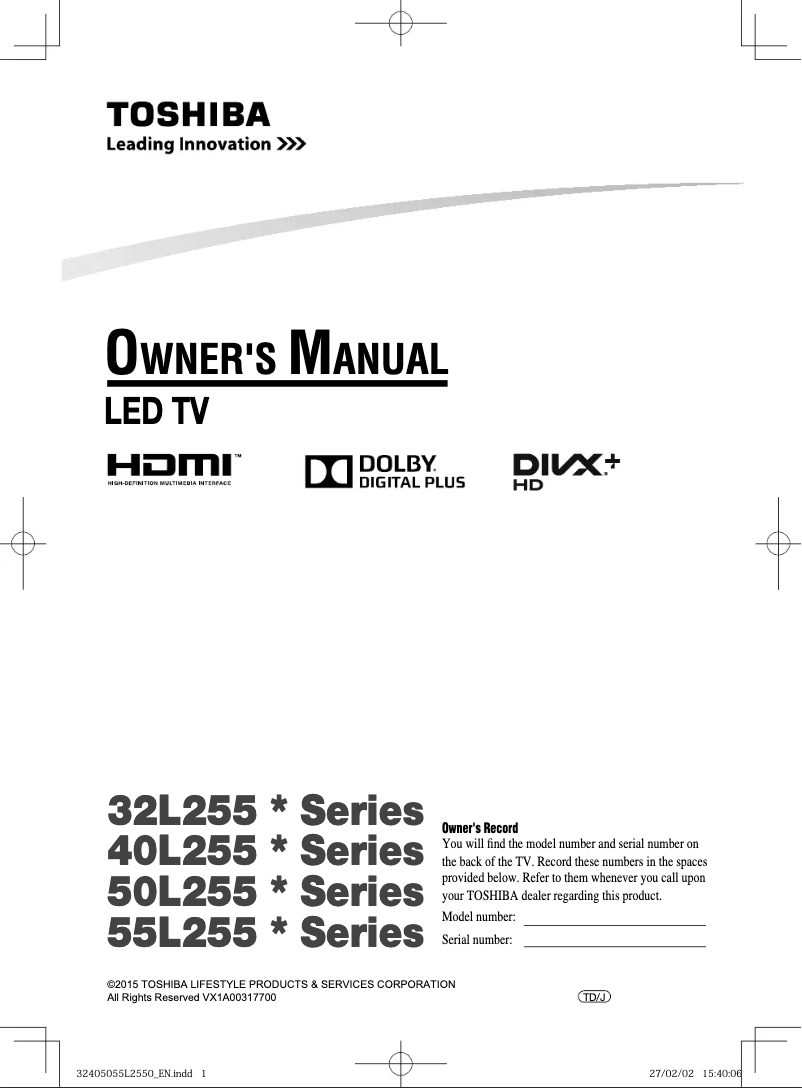 Page n°1 - Manuel utilisateur Toshiba 32L2550VM