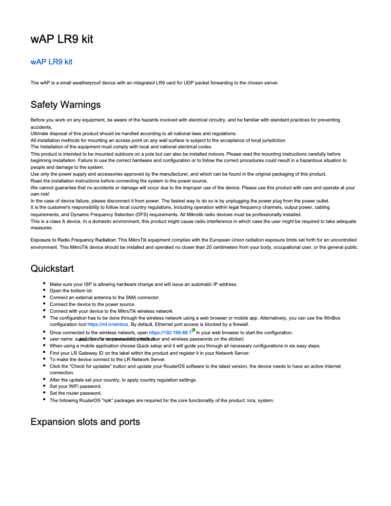 Image de la première page du manuel de l'appareil wAP LR9 kit