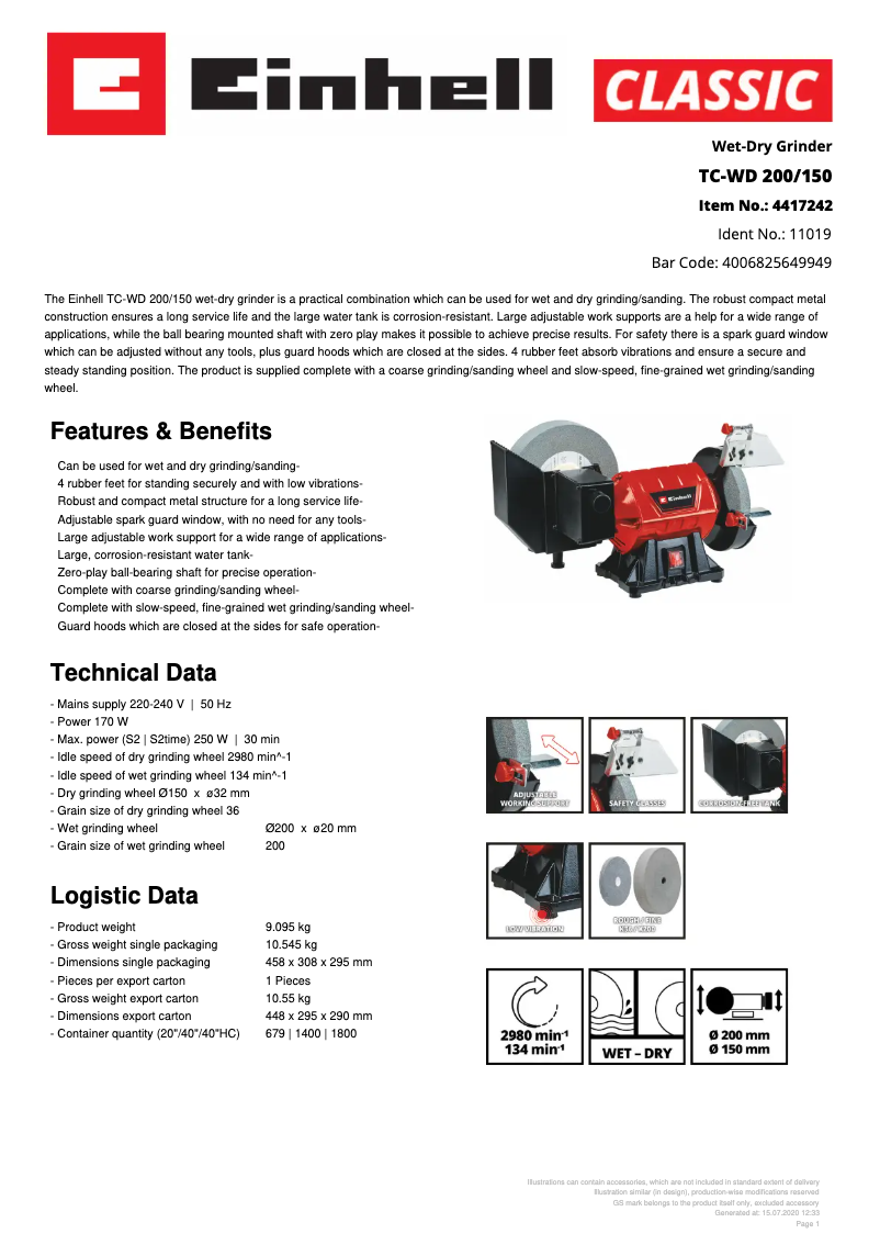 Page n°1 - Fiche technique Einhell TC-WD 200/150