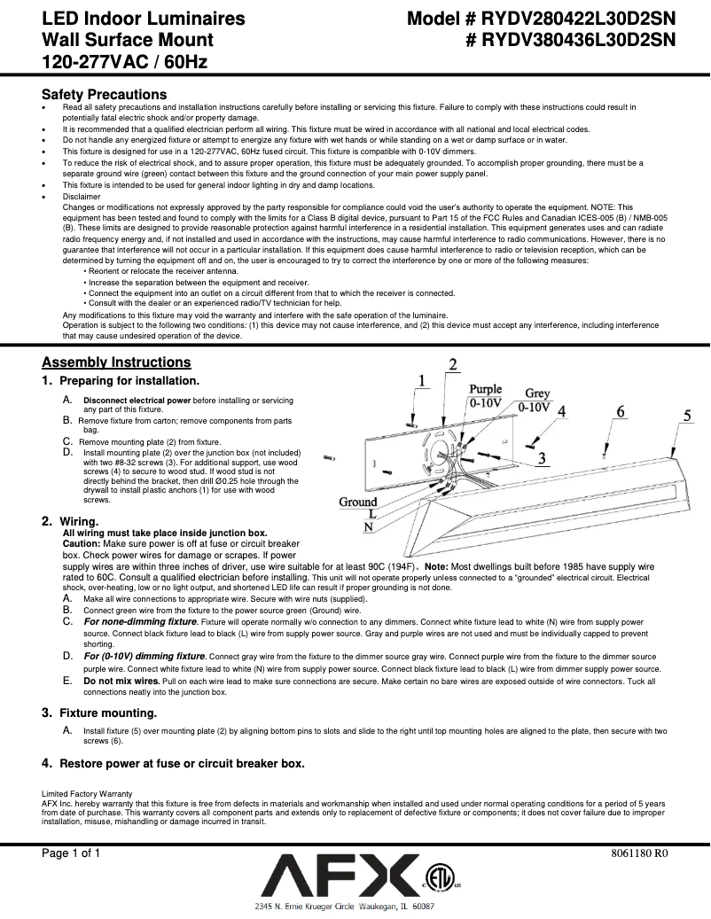 Page n°1 - Manuel utilisateur AFX Ryland RYDV280422L30D2SN