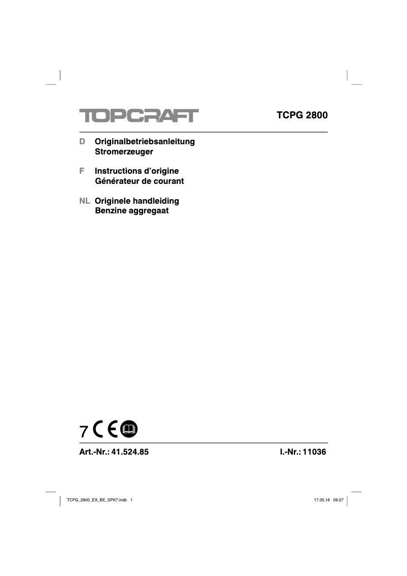 Page n°1 - Manuel utilisateur Topcraft TCPG 2800