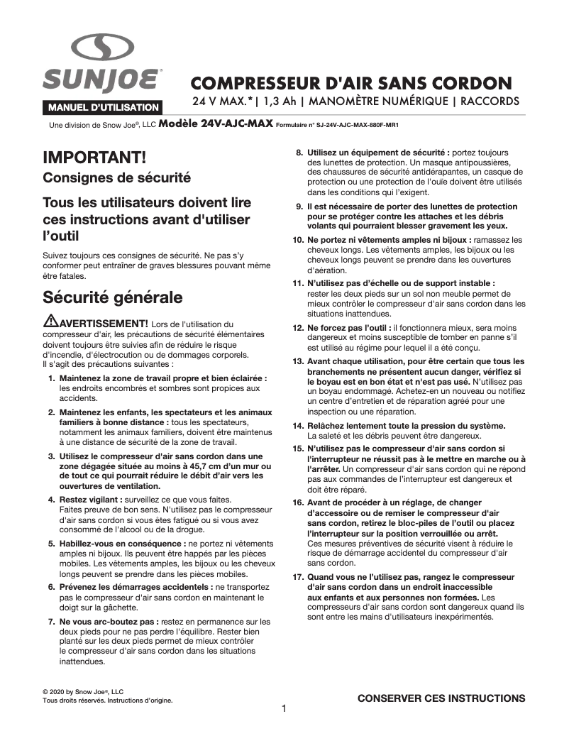 Page 1 de la notice Manuel utilisateur Sun Joe 24V-AJC-MAX