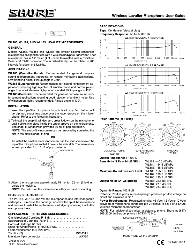 Page 1 de la notice Manuel utilisateur Shure WL184