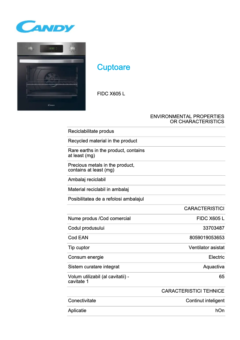 Page 1 de la notice Fiche technique Candy FCP605XL/E