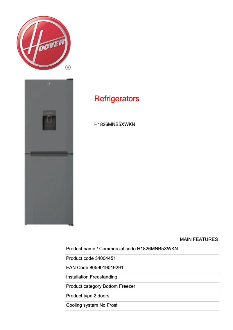 Page n°1 - Fiche technique Hoover H1826MNB5XWKN