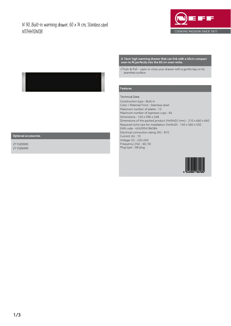 Page 1 de la notice Fiche technique Neff N17HH10N0B