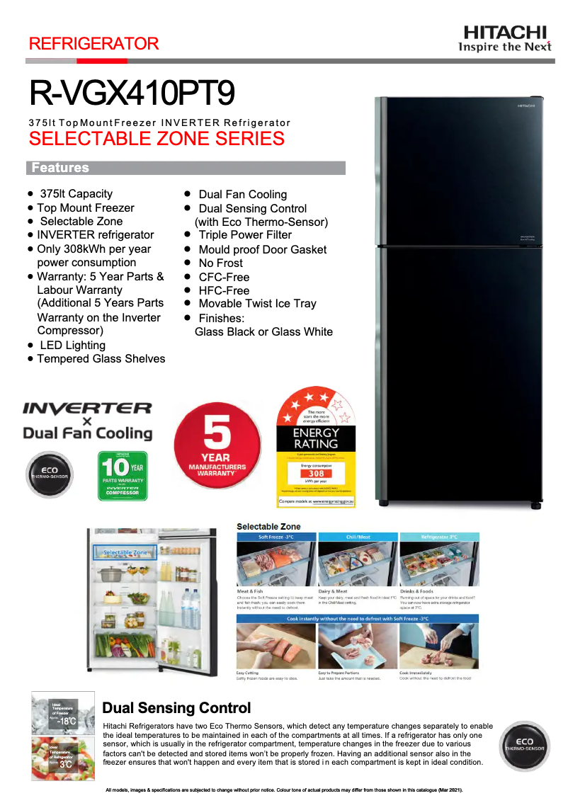 Page 1 de la notice Fiche technique Hitachi R-VGX410PT9