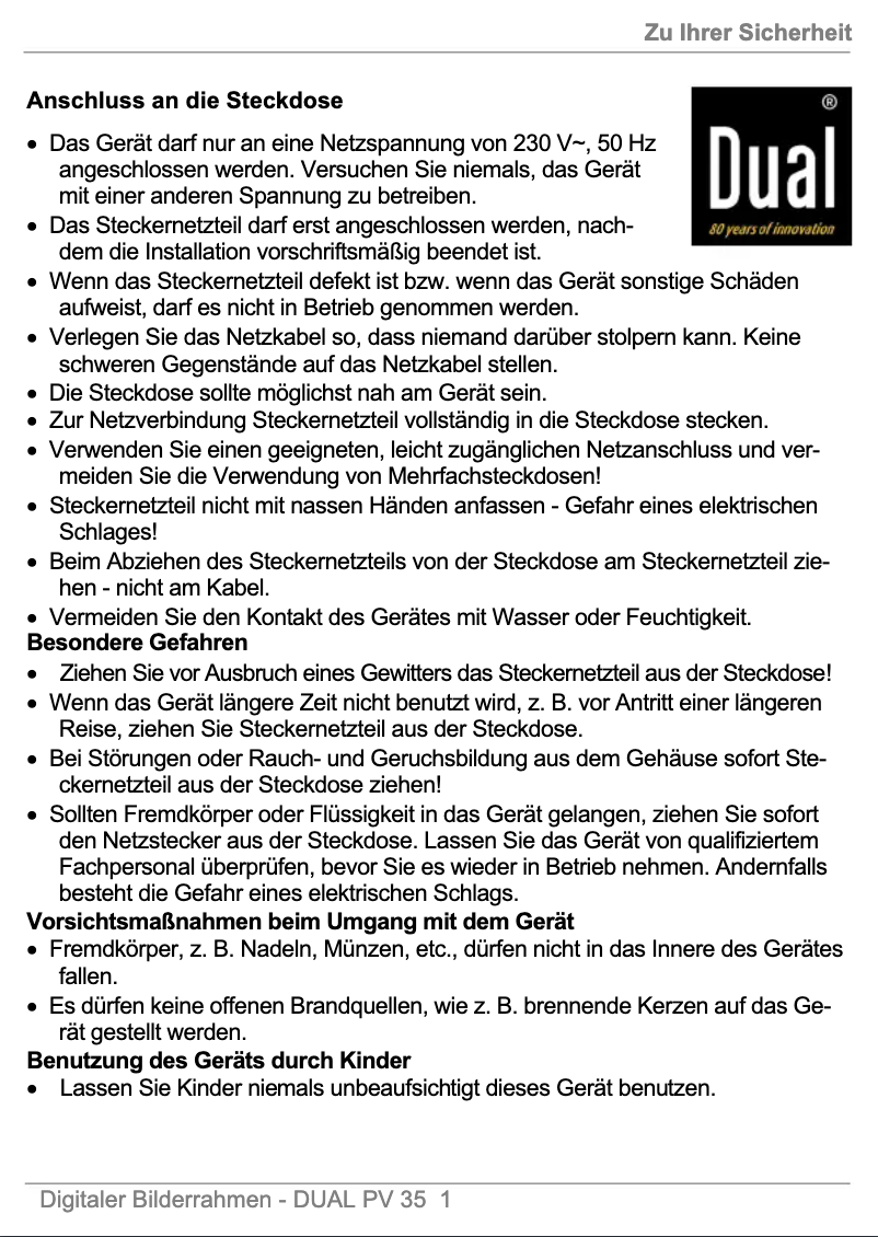 Page 1 de la notice Manuel utilisateur Dual PV35