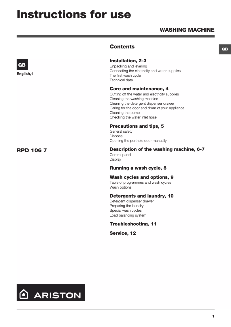 Page n°1 - Manuel utilisateur Ariston Thermo RPD 106 7 D AUS