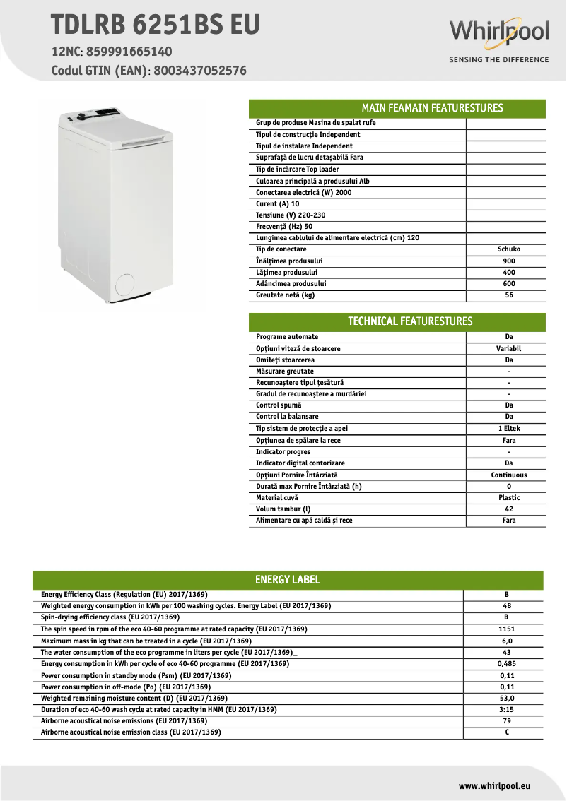 Page n°1 - Fiche technique Whirlpool TDLRB 6251BS