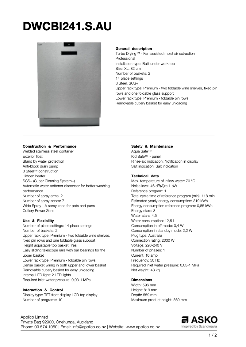Page n°1 - Fiche technique Asko DWCBI241.S.AU