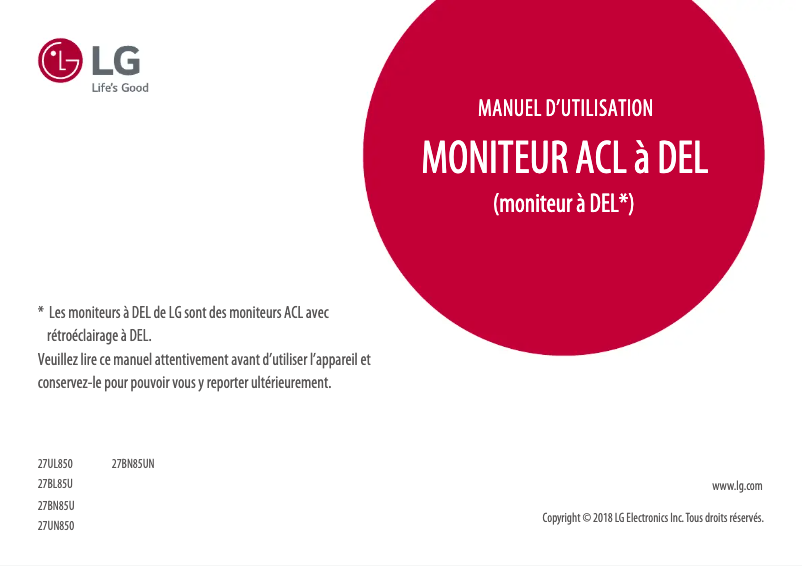 Page 1 de la notice Manuel utilisateur LG 27UL850