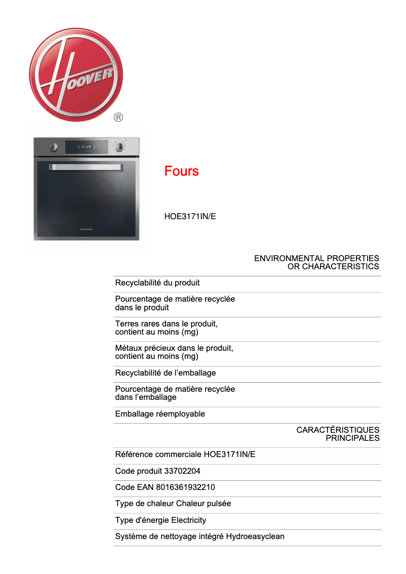 Page n°1 - Fiche technique Hoover HOE3171IN/E