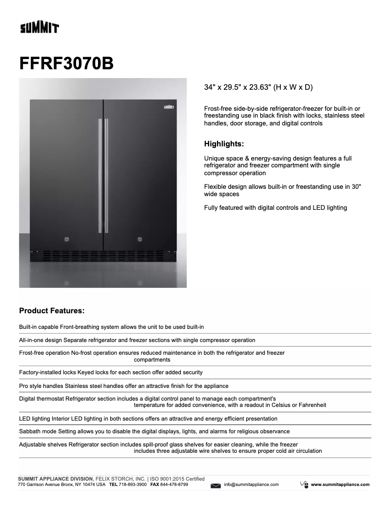 Page 1 de la notice Fiche technique Summit FFRF3070B
