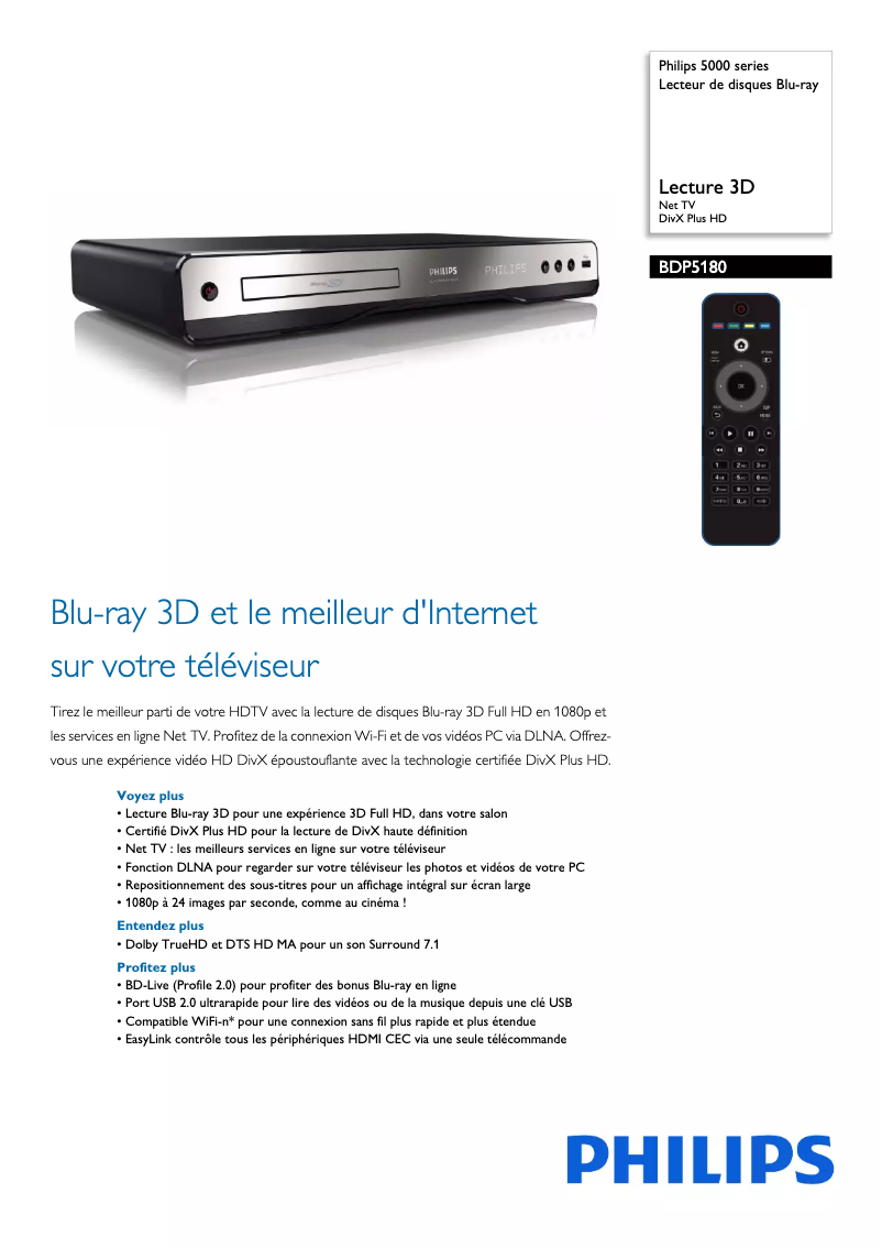 Page 1 de la notice Fiche technique Philips BDP5180